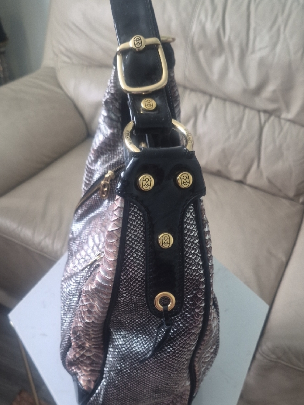 Marino Orlandi Black and Taupe Snake-Embossed Hobo - Picture 2 of 11